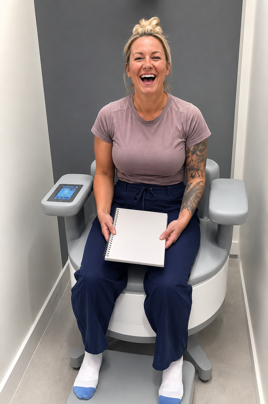 Happy client on the Ultra Tesla Seat at Contour Aesthetics by Abi